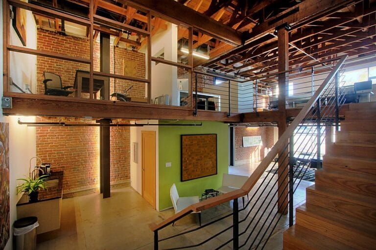 2-story shared workspace area with stairs