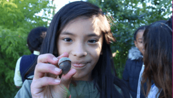 a young girl showing an acorn in her hand.