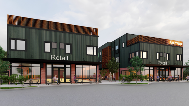 Exterior image showing a rendering of The Railyard