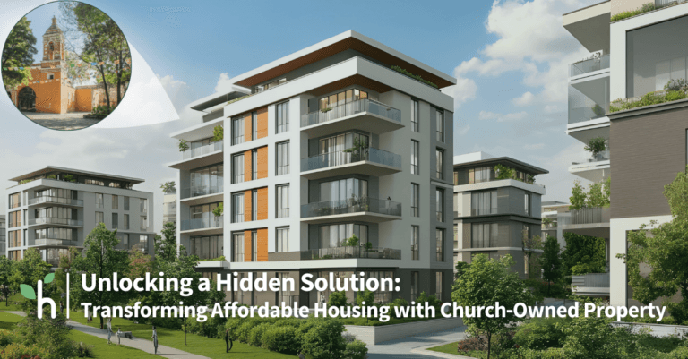 In the upper left hand corner there is an Image of a church inside a circle with a triangle pointing towards a new property development with multiple buildings
