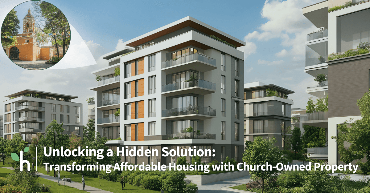 In the upper left hand corner there is an Image of a church inside a circle with a triangle pointing towards a new property development with multiple buildings