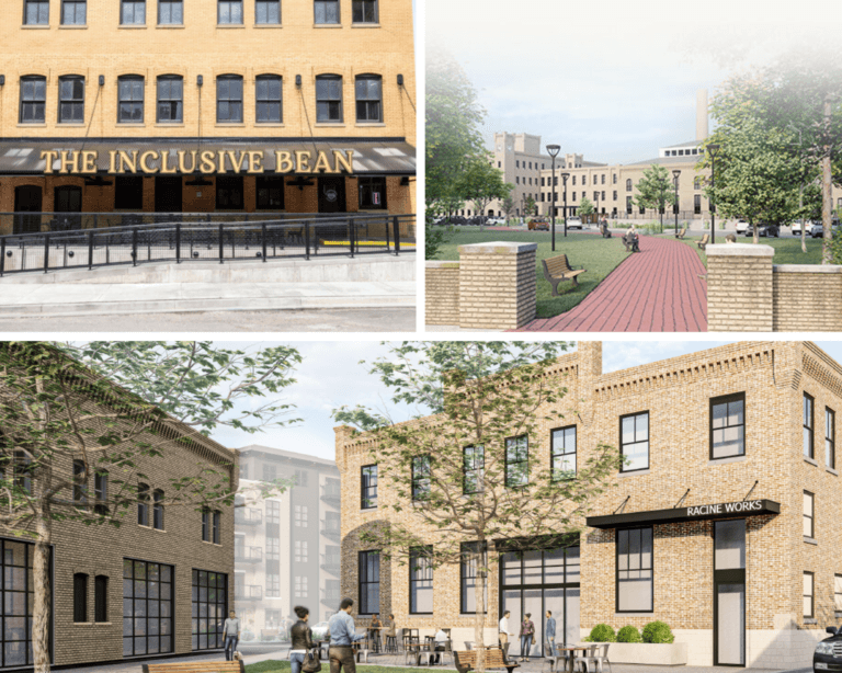 Photo collage of Belle City Square featuring the Inclusive Bean, Racine Works and Historic exterior photos
