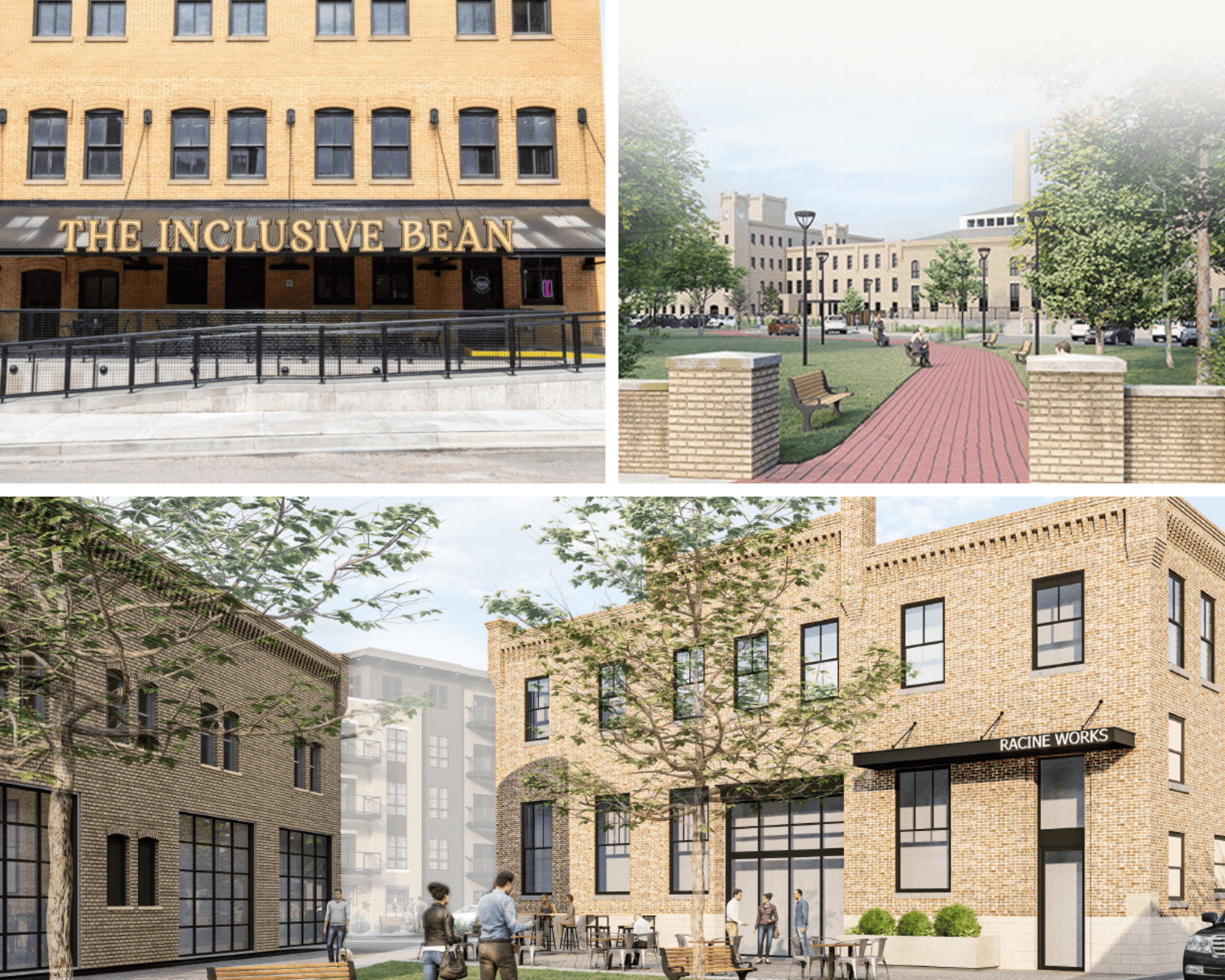 Photo collage of Belle City Square featuring the Inclusive Bean, Racine Works and Historic exterior photos