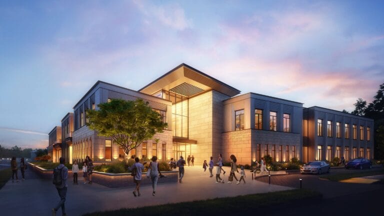 Exterior rendering at sunset of the building
