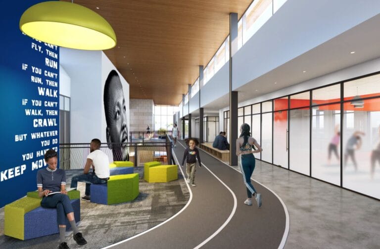 Interior rendering of the Lincoln-King Community & Health Center featuring runners on track