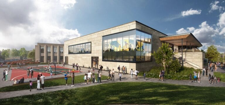 Exterior rendering of the center showing outdoor court areas and greenspace with people playing