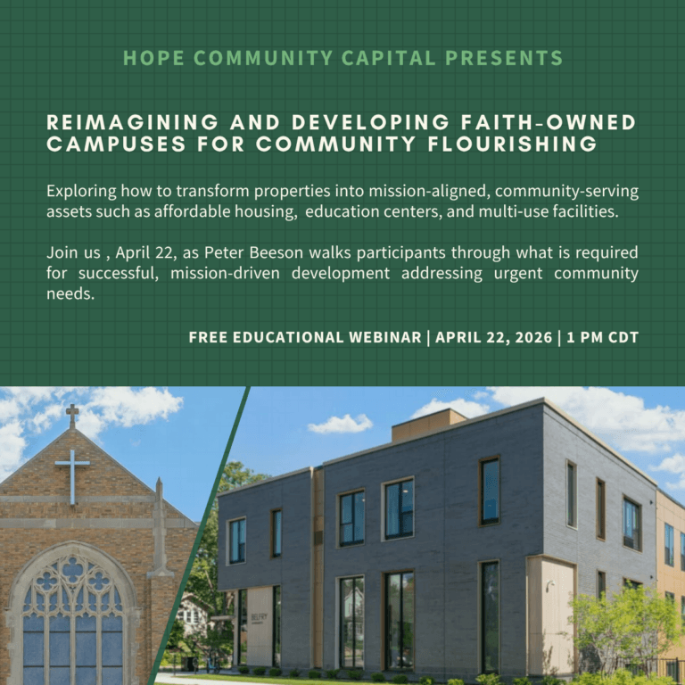 Photo depicting exterior of a church with a cross and an exterior photo of an apartment complex with the details in text on the webinar.