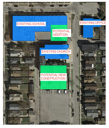 NDSM St. Florian campus with colors indicating current and expansion for the campus